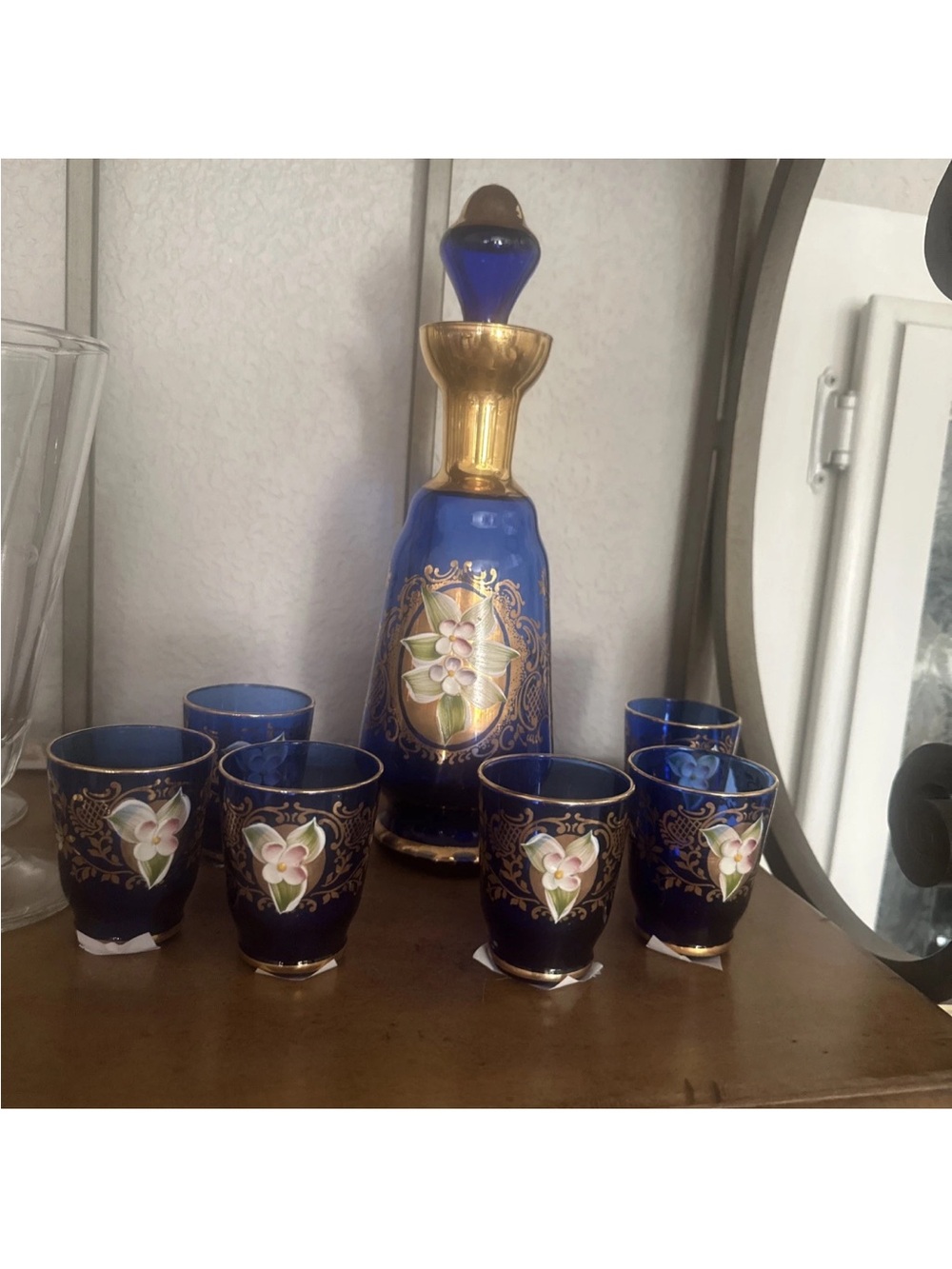 Vintage Murano Hand Painted Blue Glass Decanter Set with 24k Gold
